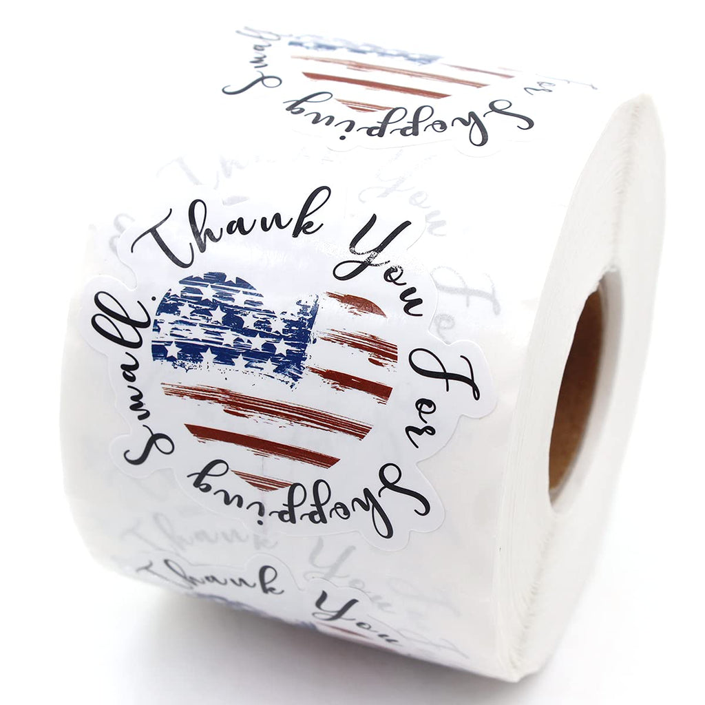 Wailozco 1.5'' America Flag Heart Thank You for Shopping Small Stickers ,Handmade Stickers,Business Stickers,Envelopes Stickers for Online Retailers,Handmade Goods,Small Business,500 Labels Per Roll