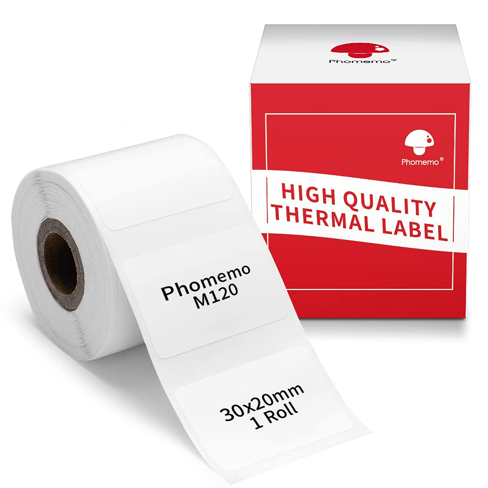 Phomemo Thermal Sticker Label Paper, Multi-Purpose Clear Self-Adhesive Tag for M120/M110 Label Maker Machine, 1.18'' x 0.78"(30X 20mm), 320 Labels /Roll，Black on White 1 roll -1.18''x0.78''(30X20mm) -320pcs