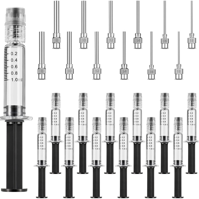 24 Pieces Borosilicate Glass Syringes Set Include 12 Pieces 1 ml Borosilicate Glass Syringe Luer Lock and 12 Pieces Stainless Steel Luer Lock Dispensing Needle for Thick Liquids, Ink, Glue, Lab Use