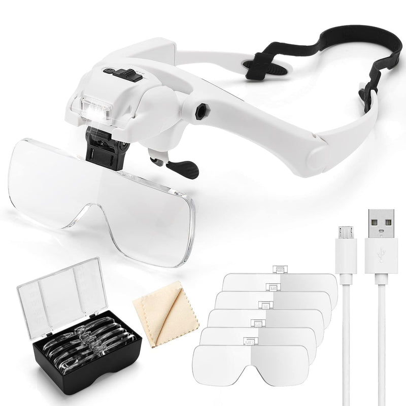 Dilzekui 1.2X to 4.5X Headband Magnifying Glasses with Light, Rechargeable Headband Magnifier Visor with 5 Detachable Lenses, Head Mount Magnifier for Close Work, Jewelry, Loupe, Crafts, Repair 1.2x-4.5x Head Mount Magnifier