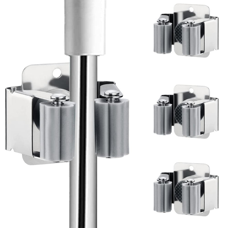 3PCS Broom and Mop Holder, Heavy Duty Garden Tool Organizer Rack Rake and Shovel Handle, Stainless Steel Mop Hanger. Wall Mounted, Screws and Self Adhesive. Silver-3
