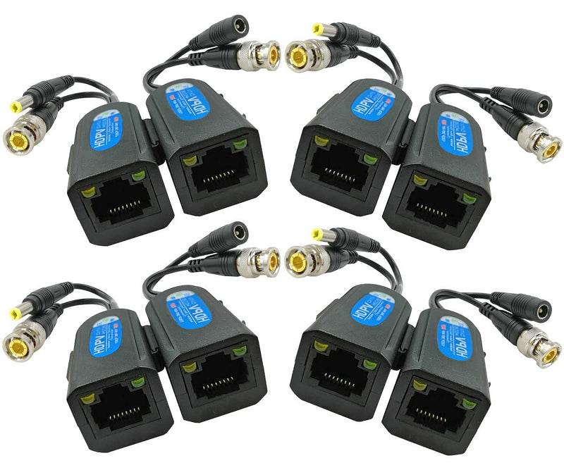4 Pair Passive Video Balun BNC to RJ45 Adapter with Power 1080P-8MP Analog Camera Network Transceiver Cat5e/Cat6 to BNC Connector - Compact