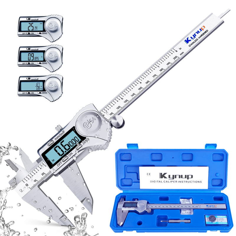 Kynup Digital Caliper, 8 Inch Caliper Measuring Tool with Stainless Steel, IP54 Waterproof Protection Design, Easy Switch from Inch Metric Fraction, Large LCD Screen (200mm) 200mm Silver