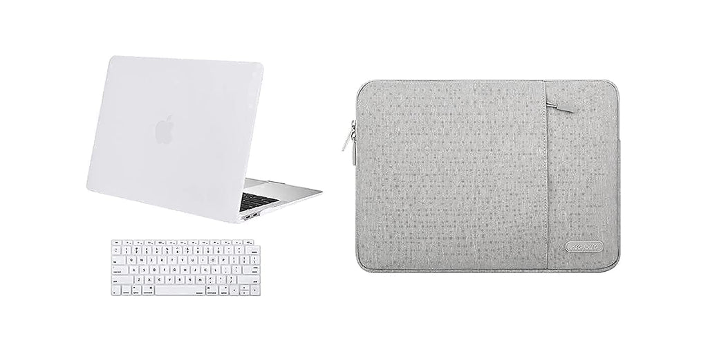 MOSISO Compatible with MacBook Air 13 inch Case 2018-2020 Rlease A2337 M1 A2179 A1932, Plastic Hard Shell Case&Vertical Sleeve Bag with Pocket&Keyboard Cover, White & Gray