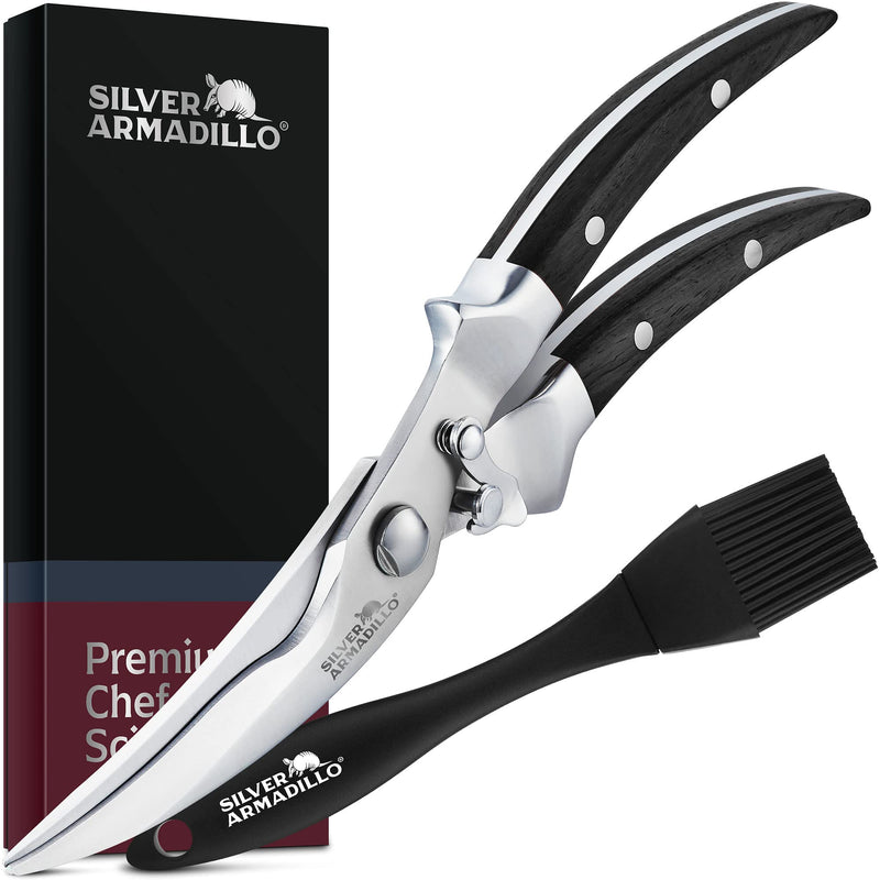 Heavy Duty Poultry Shears | Food Grade Stainless Steel Scissors for Bone, Chicken, Meat, Fish, Seafood, Vegetables | Anti-Rust Ergonomic Spring Loaded Food SHEAR | Built-In Lock |(Black Wood Handles) Black Wooden Handles