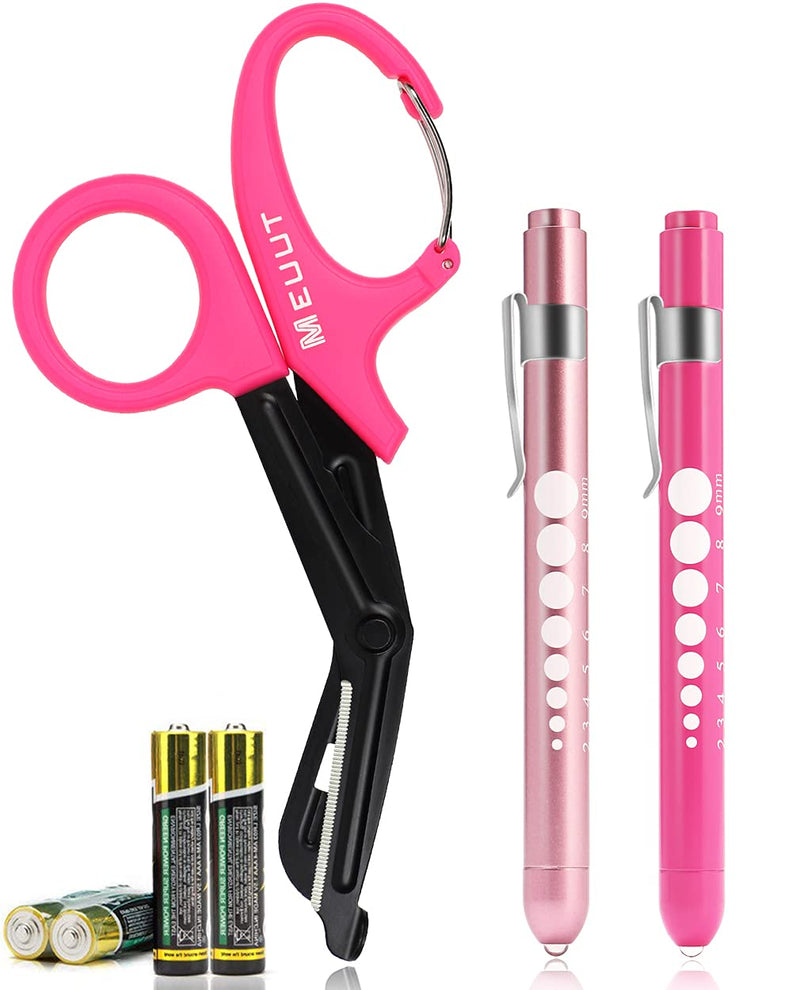 MEUUT 3 Pack Medical Scissors Penlights for Nurses-Two Medical Pen lights with Pupil Gauge, One 7.5" Trauma shears Bandage Scissors with Carabiner-Nurse Accessories for Nurse Doctor Pink scissor+Pink&Light pink penlight