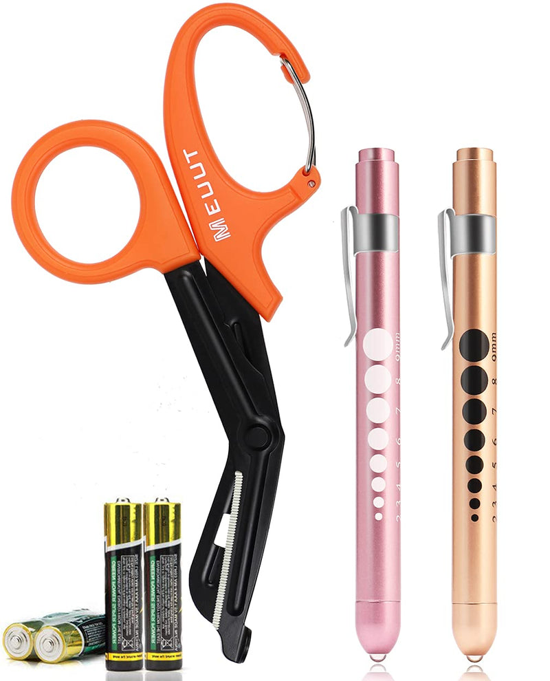MEUUT 3 Pack Medical Scissors Penlights for Nurses-Two Medical Pen lights with Pupil Gauge, One 7.5" Trauma shears Bandage Scissors with Carabiner-Nurse Accessories for Nurse Doctor Orange shear+Light pink&Rose gold penlight