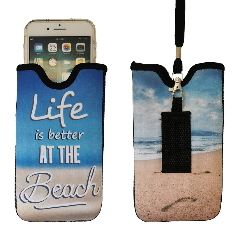 Tainada Men Women Neoprene Shockproof Phone Sleeve Pouch Carrying Case with Neck Lanyard, Belt Loop Holster for iPhone 13 / 12, 13 / 12 Pro Max, 11, Samsung S21, A52, Google Pixel 5a 5G (Beach Quote) Beach Quote