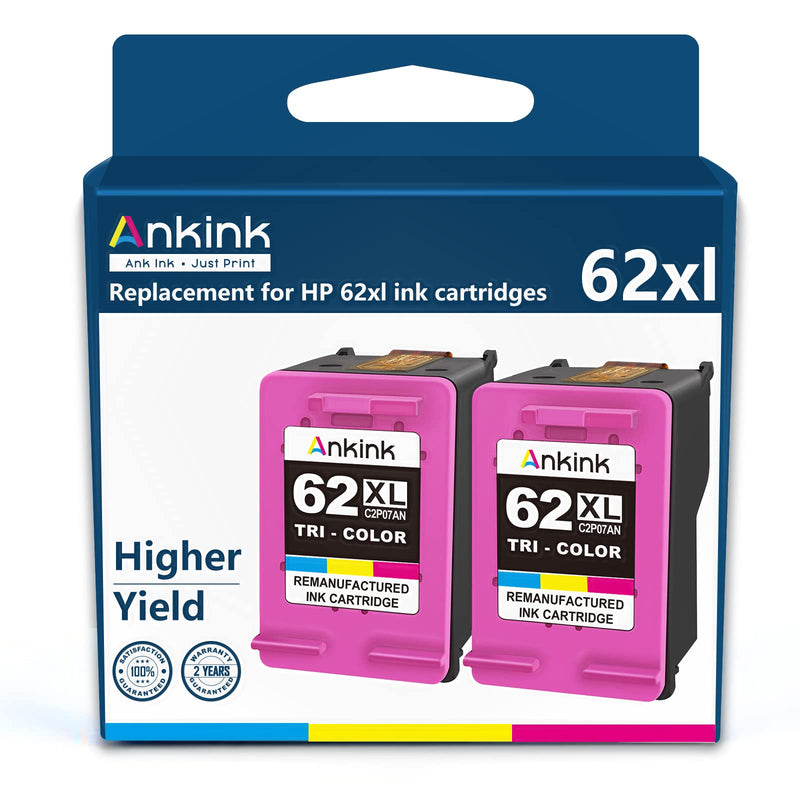Ankink Higher Yield Remanufactured HP 62XL Ink Cartridge Replacement for 62 HP62XL hp62 XL Envy 5540 5640 5660 7640 7645 OfficeJet 200 250 5740 8040 Printer Toner Color (Tricolor) Combo 2 Pack