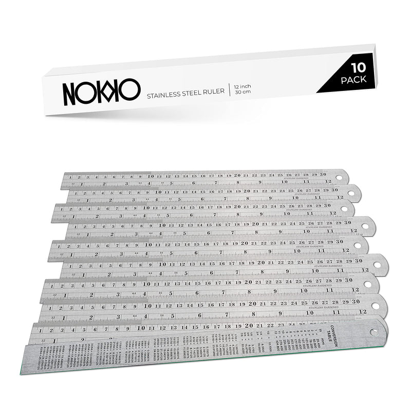NOKKO Metal Ruler 10-Pack - Measuring Set of 12-Inch/30cm Stainless Steel Rulers - Imperial & Metric Measurements & Conversion Table - Etched Markers Start at The Very Edge of The Straight Edge Ruler