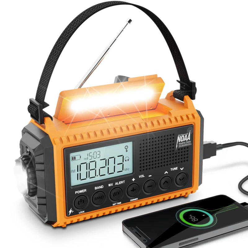 Emergency Radio,5000 Digital Weather Radio with AM/FM/NOAA/SW,SOS Survival Portable Radio,5 Way Powered Solar Hand Crank Radio with USB Charger, Flashlight, Reading Lamp, Headphone Jack for Outdoor Yellow