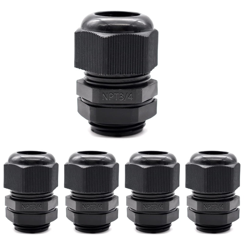 Tnuocke 5 PCS Nylon Cable Glands 3/4" NPT,Waterproof Adjustable Diameter 10-18mm Cable Connectors,Plastic Cable Gland Joints with Gaskets 3/4 NPT-BK