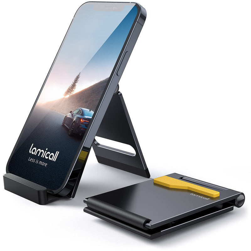 Lamicall Portable Cell Phone Stand - Aluminum Foldable Phone Stand for Desk, Small Pocket Travel Design, Adjustable Mobile Holder Compatible with iPhone 13 12 Mini Pro Max XS XR, More 4-7.2" Cellphone Black