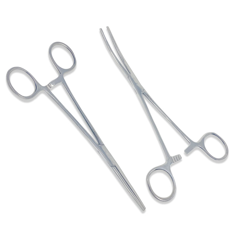 2PC Heavy Duty Locking Forceps Clamps with Full Serrated Jaws - Premium Quality - Ideal Hemostats for Nurses Fishing Pruning Taxidermy Crafts Electronics and Hobby (Straight+Curved - 8 in.) Straight+Curved - 8 in.