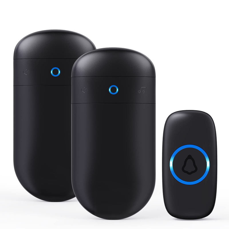 SECRUI Wireless Doorbell – Doorbell Wireless Kits with 2 Receivers – Battery Operated Doorbell with 52 Chimes, 110dB, Flash Lights, – Waterproof Modern Doorbell – Over 1000ft Coverage Black