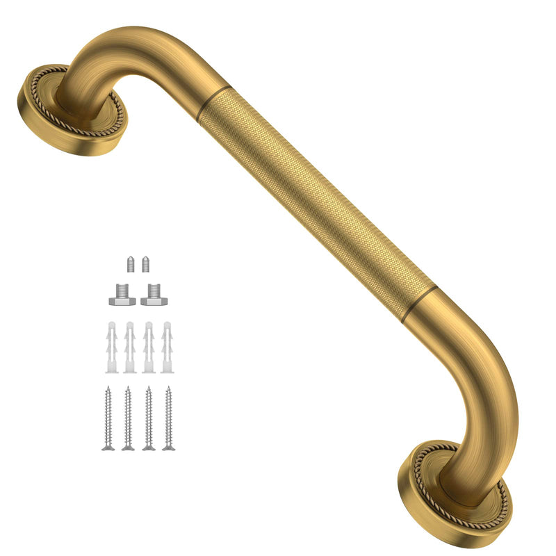 12 Inch Anti Slip Bronze Shower Grab Bar Polished Gold,ZUEXT Antique Brass Bathroom Grab Bar, Knurled Bathroom Balance Bar,Safety Hand Rail Support,Handicap Elderly Injury Senior Assist Bath Handle Gold-12 Inch