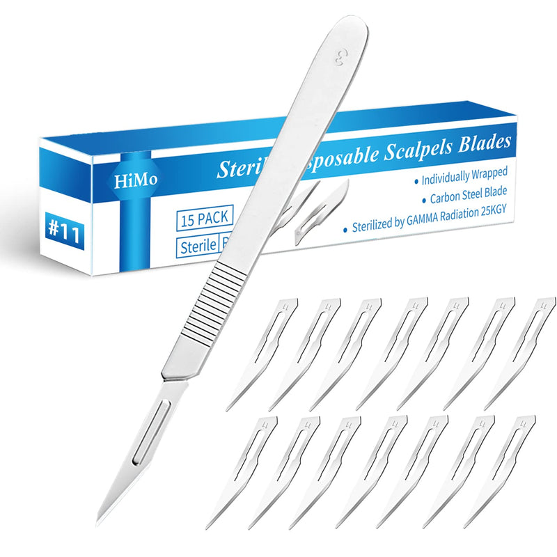15 Pack Surgical Blades #11 with Stainless Steel Scalpel Handle, High Carbon Steel Dermablade Blades Individually Wrapped Sterile for Dermaplaining, Podiatry, Crafts & More