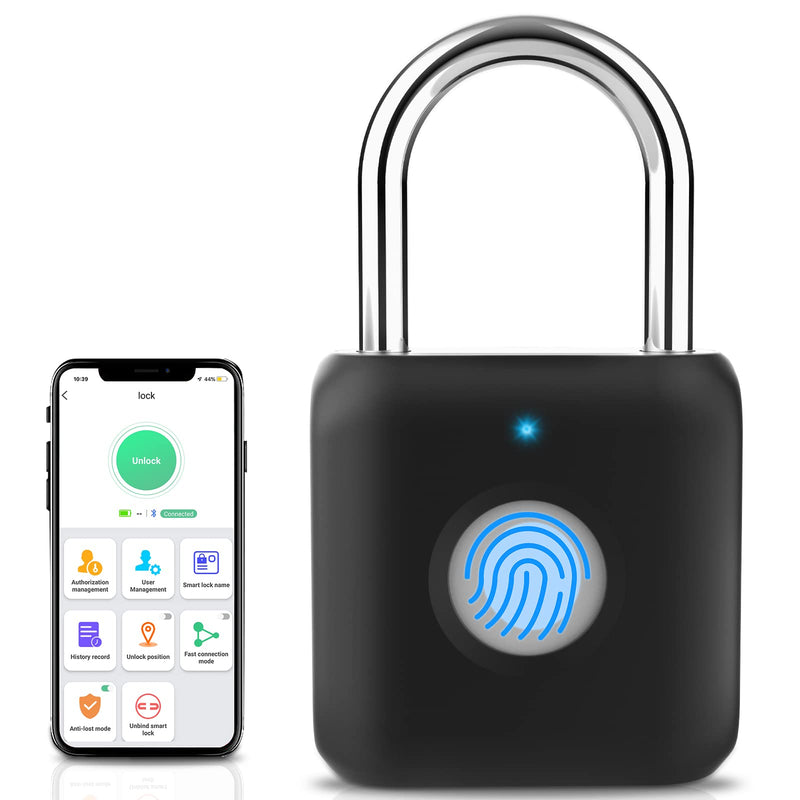 Fingerprint Padlock, Pothunder Smart Padlock with Keyless Biometric, Bluetooth Lock, Biometric Padlock, Suitable for Gym, Sports, Bike, School, Locker and Storage(P8BF-Black) Black