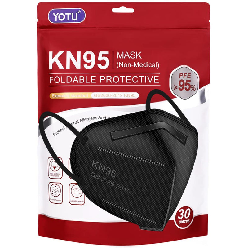 YOTU 30 Pcs Kn95 Face Mask Black,5-ply Cup Dust Mask,Breathable & Comfortable,Filter Efficiency ≥95%,Individually Wrapped (Black-30pcs) Black-30pcs