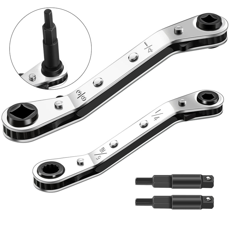 Hvac Service Wrench Refrigeration Service Wrench Set, 3/8 to 1/4, 5/16 x 1/4, Ratchet Wrench Refrigeration Tool Set Air Conditioner Valve with Hexagon Bit Adapter Kit for Equipment Repair