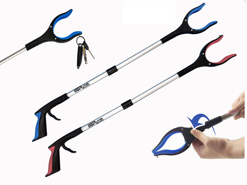 2- Pack GrabRunner Reacher Grabber Tool with Strong Magnetic for Elderly 32 inch Folding Reacher Tool with Long Reach Arm Extender (Blue/Red)