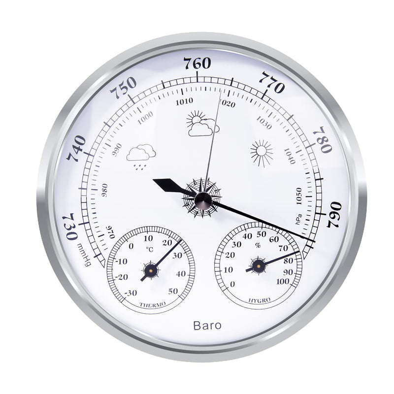 Aowutus Outdoor Barometer Thermometer Hygrometer - 5in Barometer Weather Station, Barometer for Home Wall, Fishing Boat, Baby Room, Office (Silver) SILVER