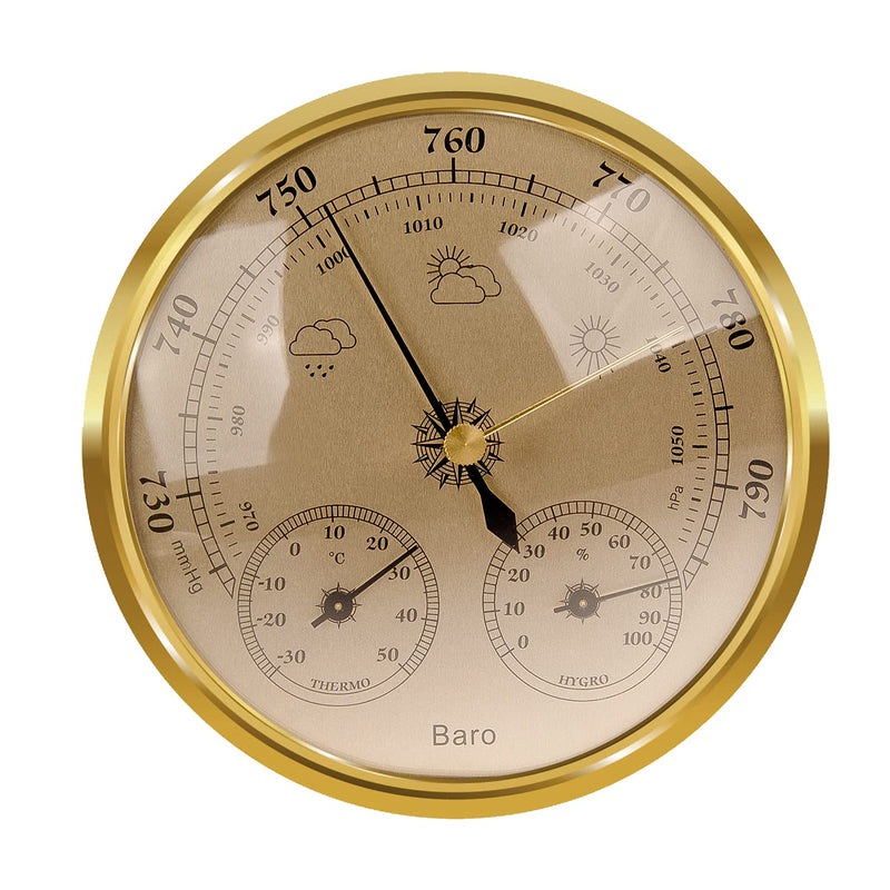 Aowutus Outdoor Barometer Thermometer Hygrometer - 5in Barometer Weather Station, Barometer for Home Wall, Fishing Boat, Baby Room, Office (Gold) GOLD