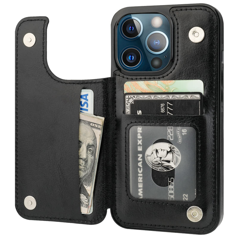 ONETOP Compatible with iPhone 13 Pro Wallet Case with Card Holder, PU Leather Kickstand Card Slots Case, Double Magnetic Clasp Durable Shockproof Cover 6.1 Inch(Black) Black