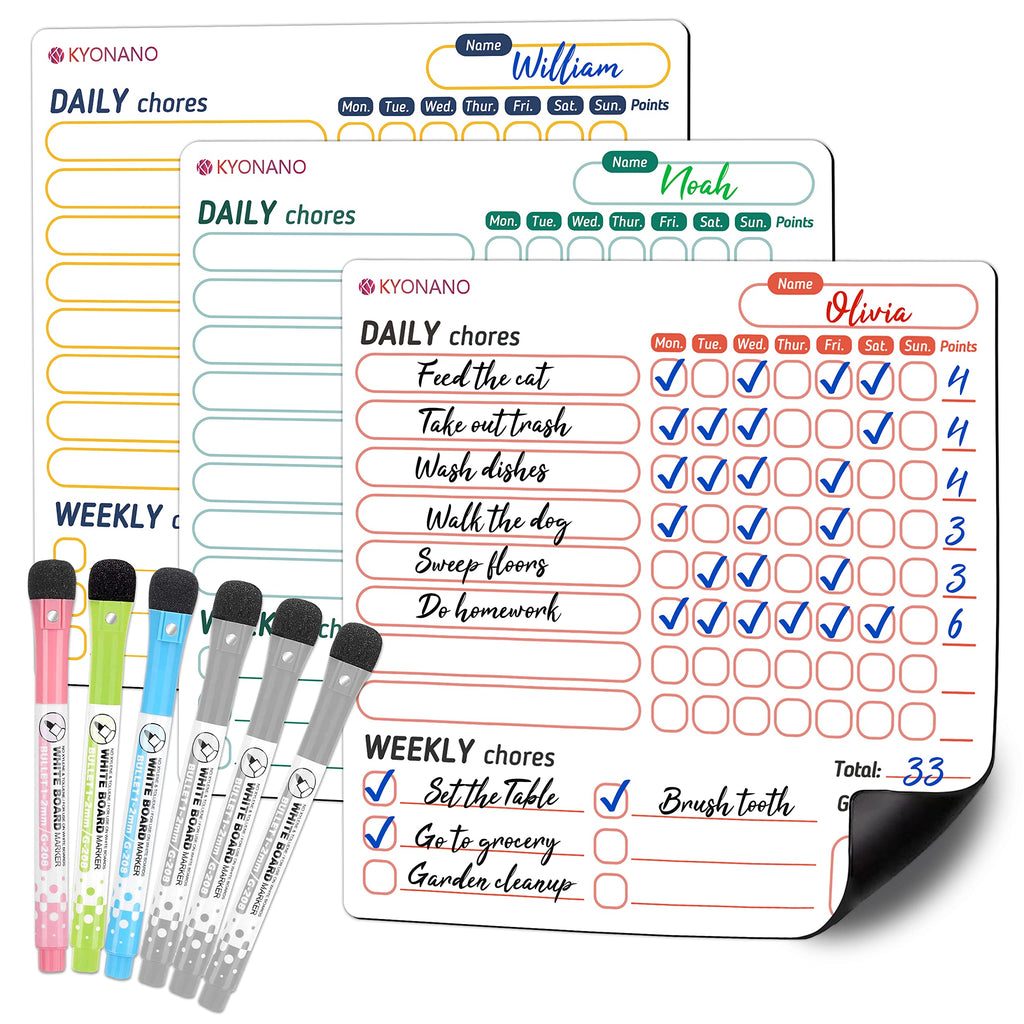 Magnetic Chore Chart - Dry Erase Behavior & Chore Chart - Kids Chore Chart for 3 Kids with 6 Colored Markers with Eraser Caps, Magnetic Refrigerator White Board for Training Responsibility