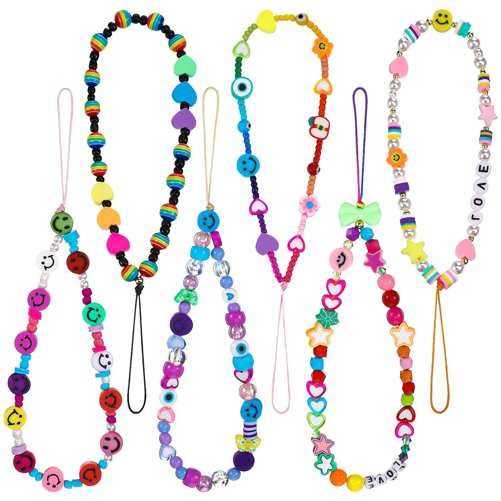 6 Pieces Phone Beaded Chain Charm Lanyard Wrist Strap Mobile Phone Lanyard Colorful Rainbow Phone Chain Strap Classic Style