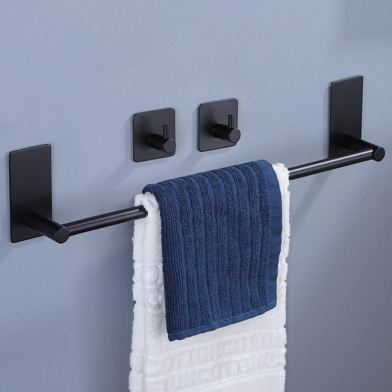 Taozun Towel Bar - Towel Holder with 2 Packs Adhesive Hooks Black 16-Inch Hand Towel Rack Towel Hook Stick on Wall, Stainless Steel Bathroom Hardware Accessory Kit
