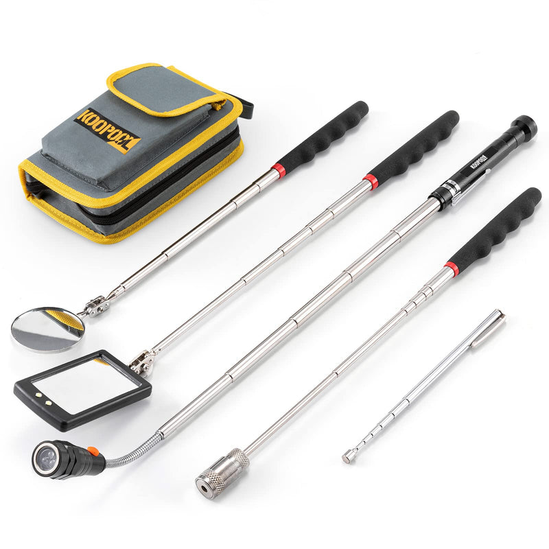 Magnetic Pickup Tool 5 PCS Cool Gadget Telescopic Magnet Stick 1lb/5lb Flexible LED Flashlight 360 Degree Swivel Adjustable Round/Square Inspection Mirrors Gifts for Dad, Husband, Handy Men Black