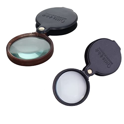 Bettomshin 1Pcs 10X Mini Magnifying Glass, 60mm Dia ABS Folding Pocket Magnifier Loupe with Leather Case,Brown & Black Border (ESM:10X/64mm)