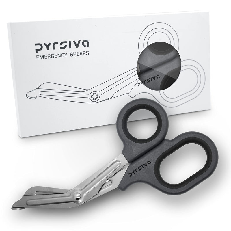 PYRSIVA MEDICAL Emergency Trauma Shears | Medical Scissors | Shears for Physicians, Nurses, EMTs, Paramedics, First-Aid, Vets | Bandage Scissors | Durable, Titanized Blades | Genuine Rubberized Grips Black on Grey