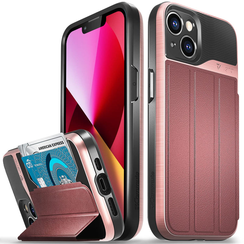Vena Wallet Case Compatible with Apple iPhone 13 (6.1"-inch), vCommute (Military Grade Drop Protection) Flip Leather Cover Card Slot Holder with Kickstand (Rose Gold) Rose Gold / Red / Black