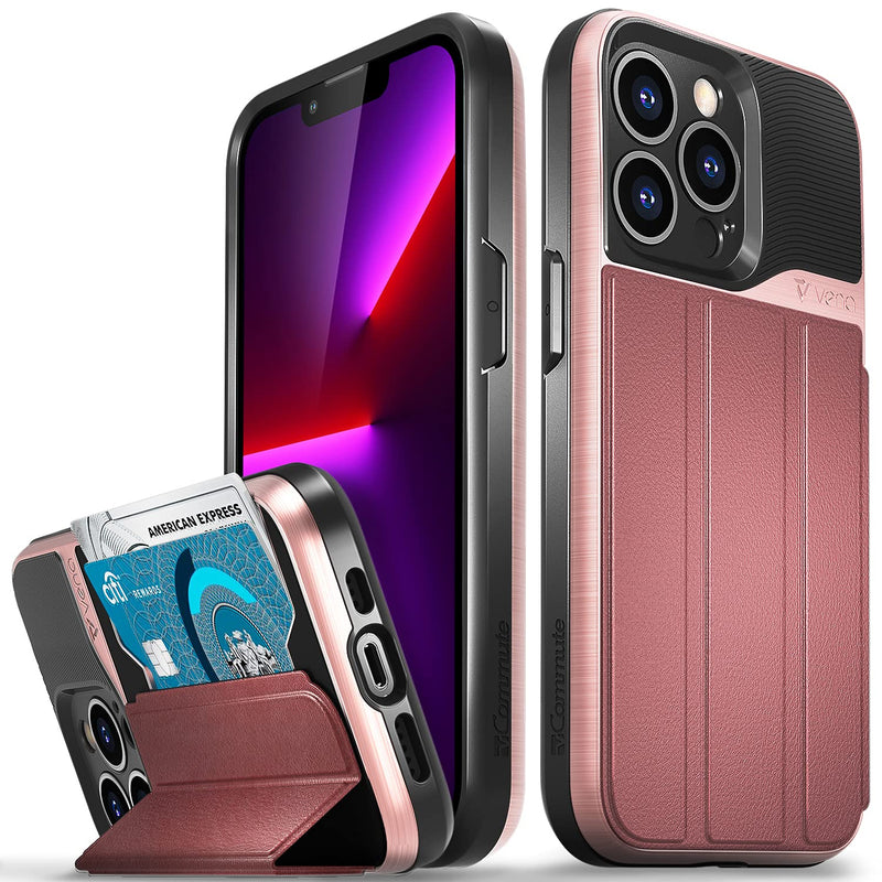 Vena Wallet Case Compatible with Apple iPhone 13 Pro (6.1"-inch), vCommute (Military Grade Drop Protection) Flip Leather Cover Card Slot Holder with Kickstand (Rose Gold) Rose Gold / Red / Black