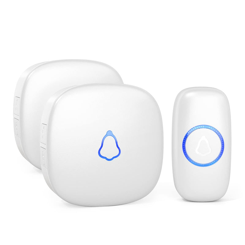 SECRUI Wireless Doorbell, Mini Door Bell with 58 Chimes 5 Volume Levels, 1 Waterproof Button 2 Plug in Receiver, White Doorbell with Led Blue light for Home/Classroom/Office 1 Push Button 2 Receivers