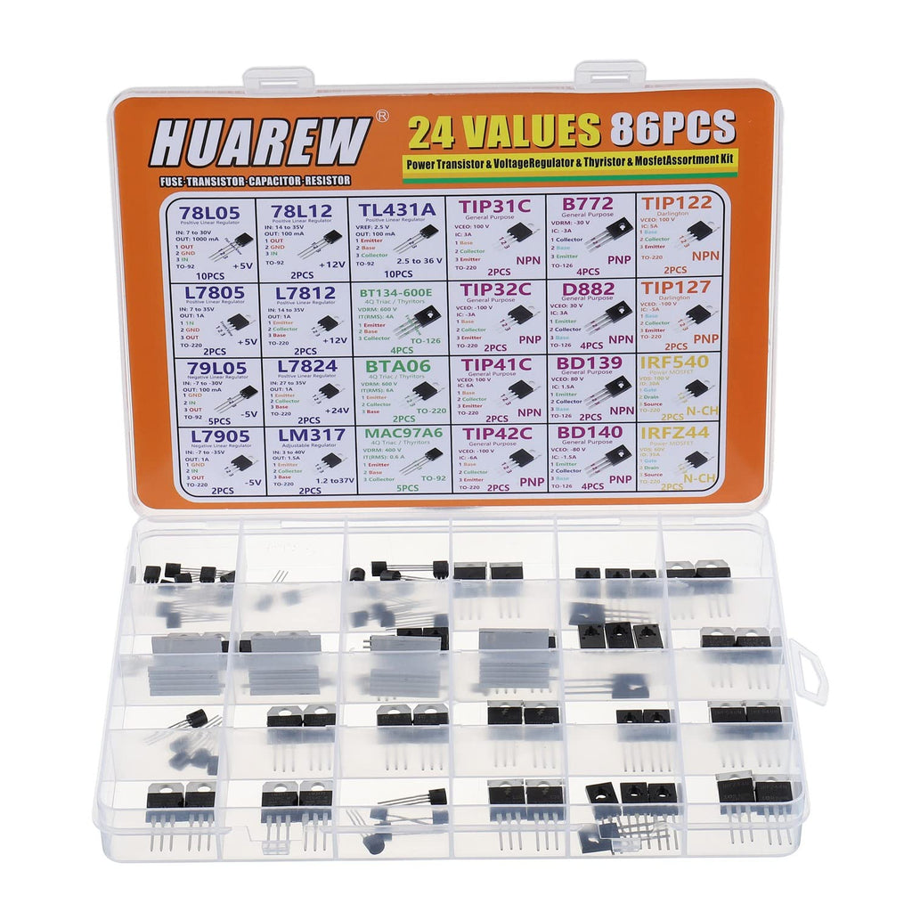 HUAREW 24 Values 86 Pcs Power Transistor TIP31C 32C 41C 42C B772 BD139 140 Voltage Regulator L7805 L7905 79L05 L7812 L7824 LM317 TL431 MAC976 BT134-600E BTA06 Mosfet IRF540 Z44N Darlingtons TIP122 127