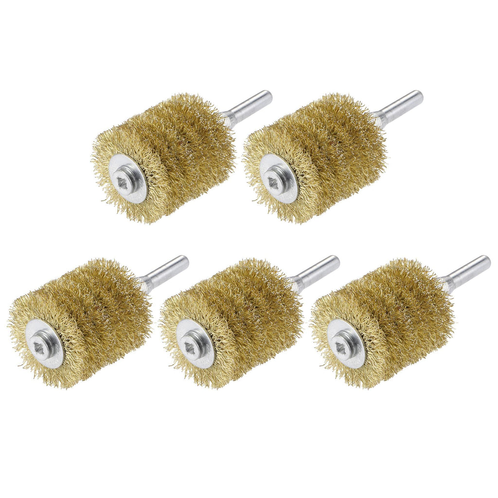 uxcell Wire Wheel Brush, 1.57" x 1.61" Stainless Steel Brass Plated Coarse Crimped Wire 0.012" with 1/4" (6mm) Round Shank for Cleaning Rust Stripping Abrasive 5pcs