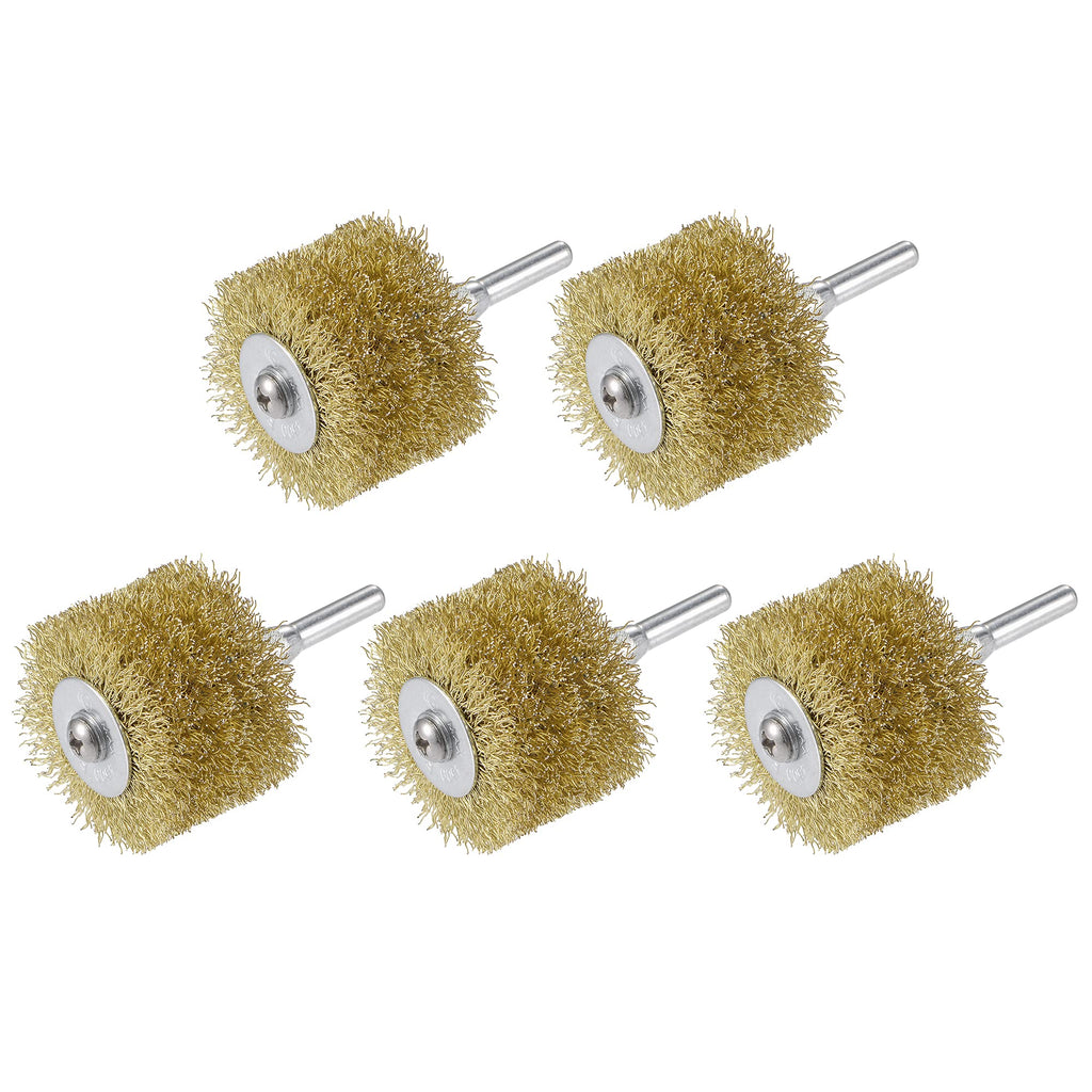 uxcell Wire Wheel Brush, 2" x 1.42" Stainless Steel Brass Plated Coarse Crimped Wire 0.012" with 1/4" (6mm) Round Shank for Cleaning Rust Stripping Abrasive 5pcs