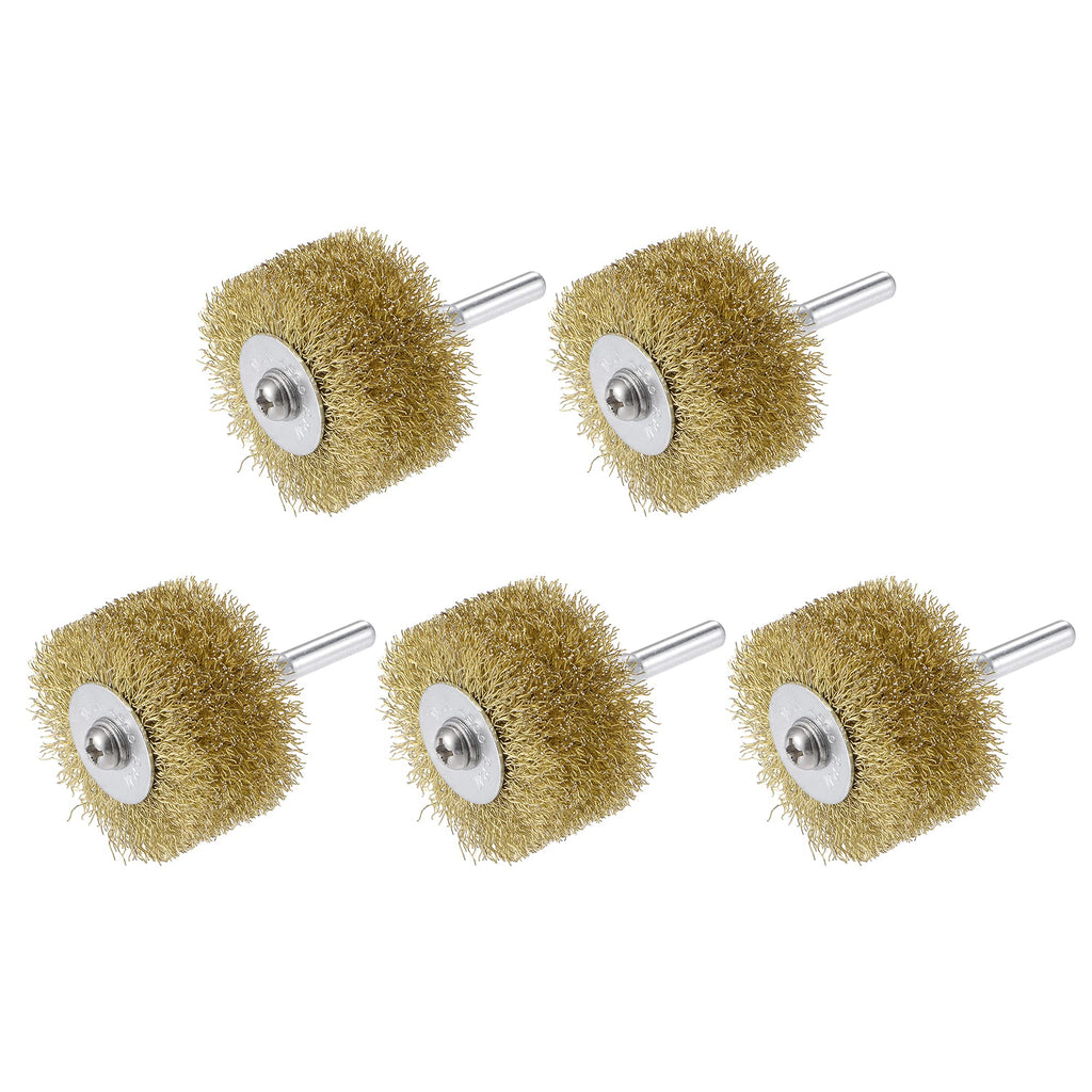 uxcell Wire Wheel Brush, 2" x 1.1" Stainless Steel Brass Plated Coarse Crimped Wire 0.012" with 1/4" (6mm) Round Shank for Cleaning Rust Stripping Abrasive 5pcs