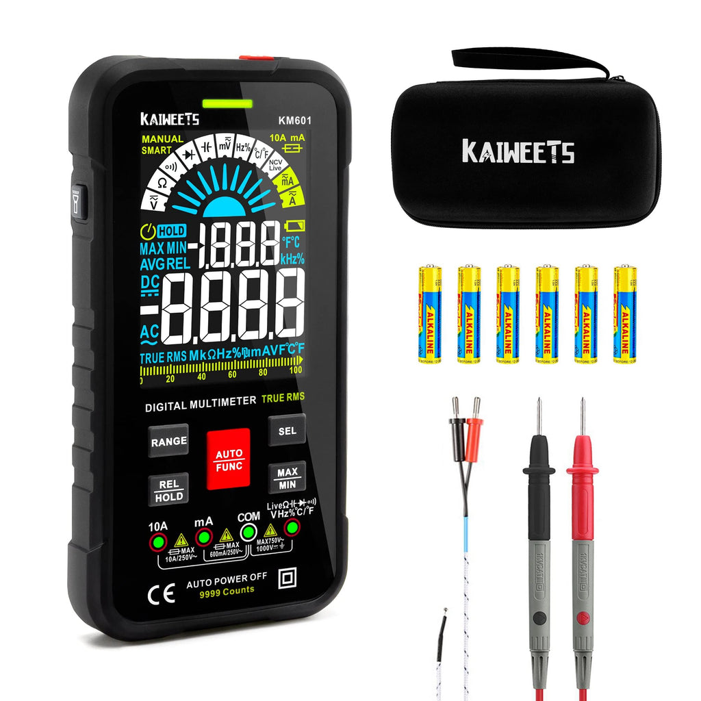 KAIWEETS Digital Multimeter Voltmeter Smart Electrical Tester Measures Voltage Current Resistance Continuity Duty-Cycle Capacitance Temperature Frequency Auto Ranging 10000 Counts TRMS Black