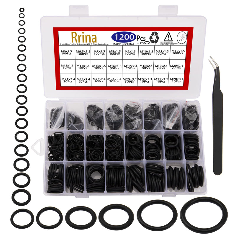 Rrina 1200Pcs Nitrile Rubber NBR O Ring Gasket Ring Assortment Kits Metric O-Ring Sealing Washer for Faucet Tap Plumbing and Automotive Repair OD 6mm-28mm Thickness 1.5mm 2.4mm 3.1mm
