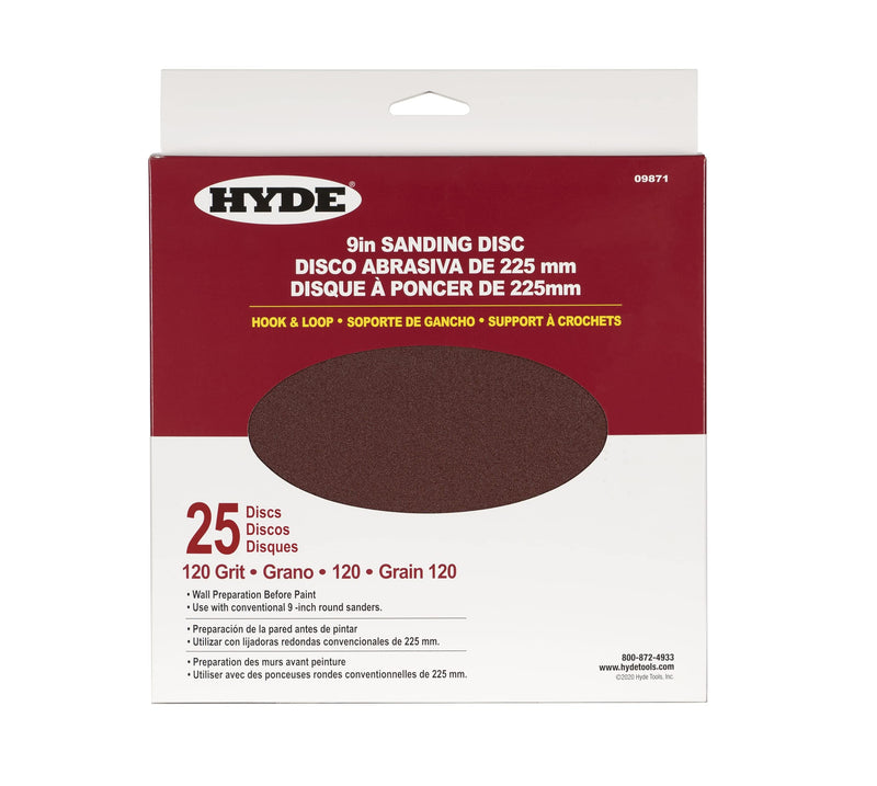 HYDE Round Abrasive Sanding Disc, 9" 120 Grit, 25 Pack fits HYDE Radial Sander