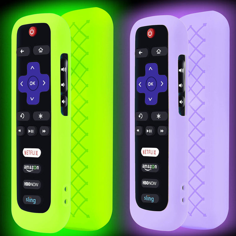 2 Pack Remote Case for Roku, Battery Cover for TCL Roku Smart TV Steaming Stick Remote, Roku TV Remote Cover Silicone Protective Controller Universal Sleeve Skin Glow in The Dark Green Purple Green and Purple