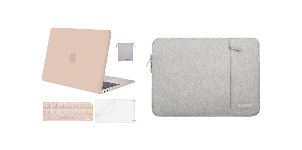 MOSISO Compatible with MacBook Air 13 inch Case 2020 2019 2018 Release A2337 M1 A2179 A1932,Plastic Case&Vertical Sleeve Bag with Pocket&Keyboard Skin&Screen Protector&Pouch, Camel & Gray