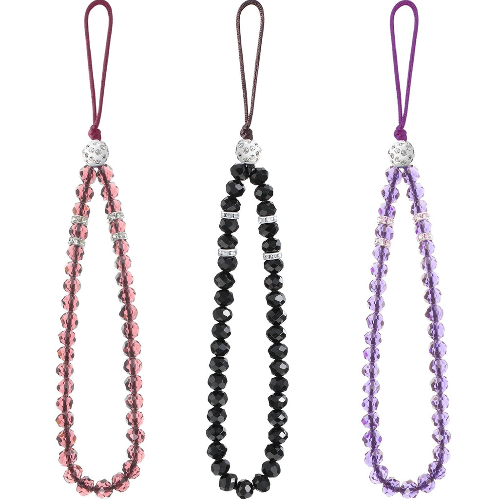 3 Pieces Cell Phone Lanyard Strap Phone Charm Bling Crystal Beads Hand Wrist Lanyard Strap Beaded Women's Wristlet Black, Purplish Red, Purple