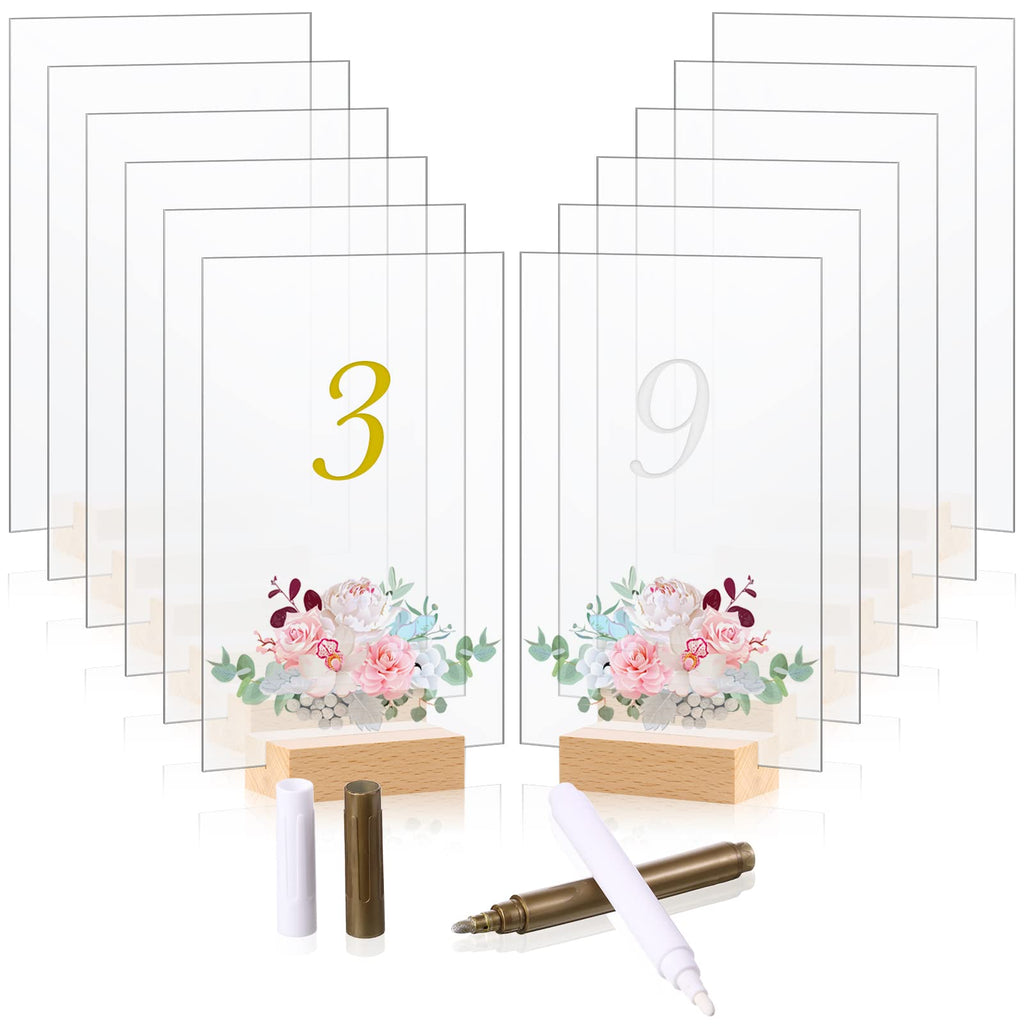 12 Pack Clear Blank Acrylic Sign Holder with Wooden Table Card Stands Menu Number Signs Display Stand Party Table Sign Holder with White and Gold Pen for Wedding Restaurant (Wood Color,4 x 6 Inch) Wood Color 4 x 6 Inch