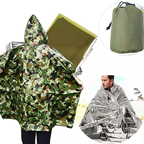 Emergency Blankets & Rain Poncho ,Survival Blanket,Waterproof Camping Gear Outdoor Blanket – Retains 90% of Heat + Reflective Side for Increased Visibility —2 Packs, Camouflage