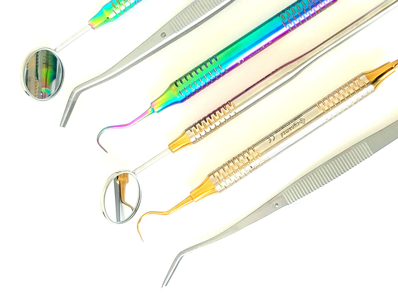 ArTLaB-Premium German 3 Instruments Basic Dental Set- Mirror Explorer College Cotton Plier Hollow Handle -Dental Instruments set of 3 (Gold and Rainbow Set of 6) Gold and Rainbow Set of 6